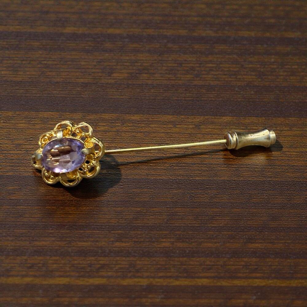 Vintage Amethyst Glass Stick Pin Oval Purple Stone Gold Tone Dainty Feminine